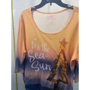 Sunbay Tis the Sea-Sun Ombre Graphic Top 1X Orange Blue 3/4 Sleeve Rhinestone